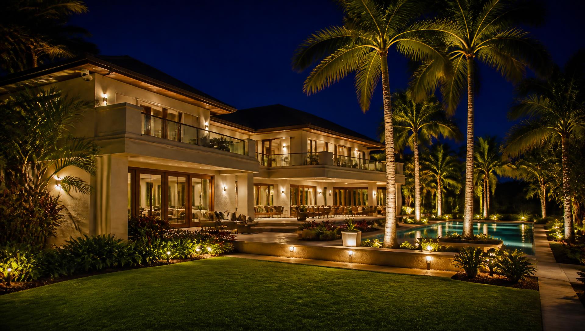 Mansão de luxo com iluminação de jardim e sistema de segurança instalado